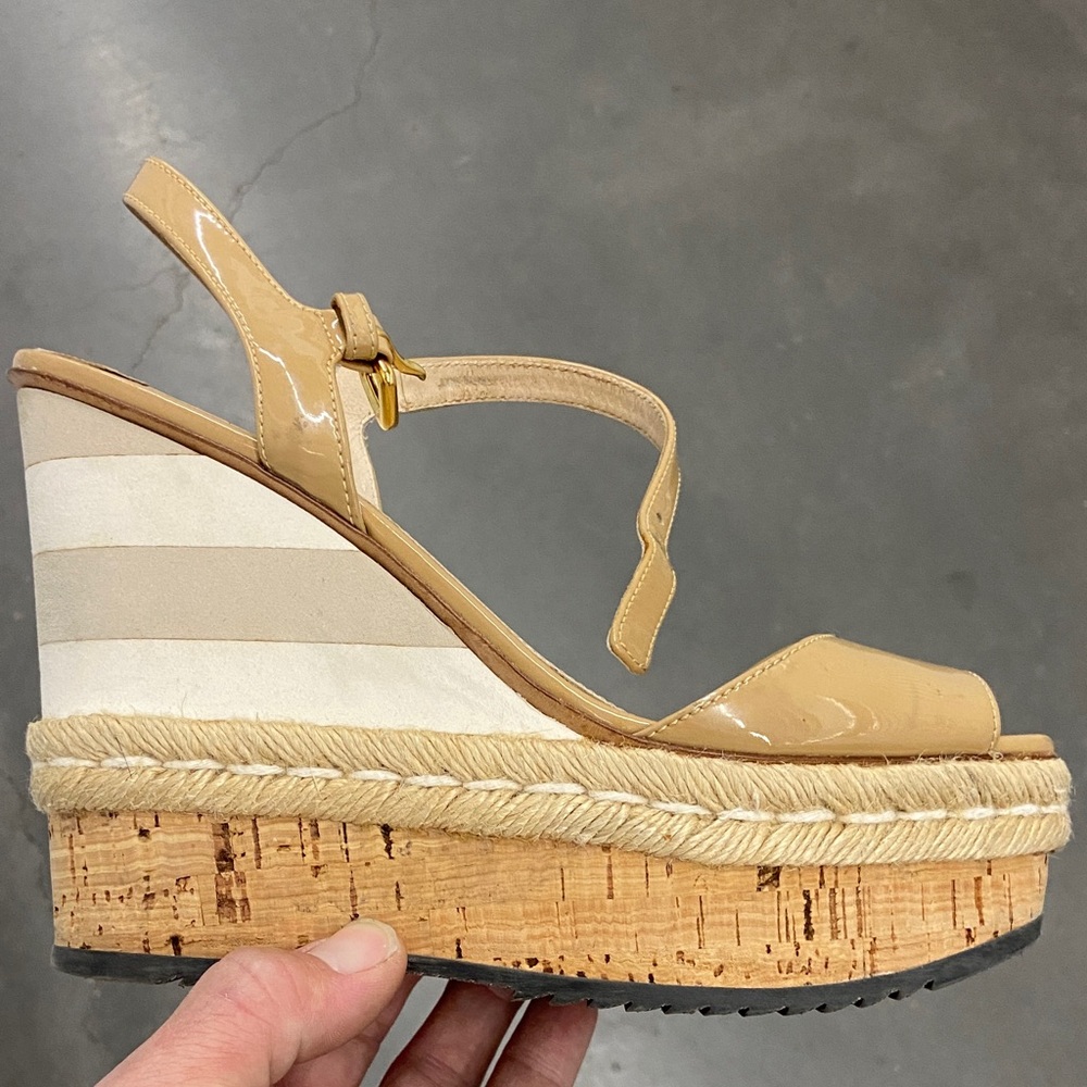 Flawed Gem Prada Nude Patent Leather Platform Wedge Sandals